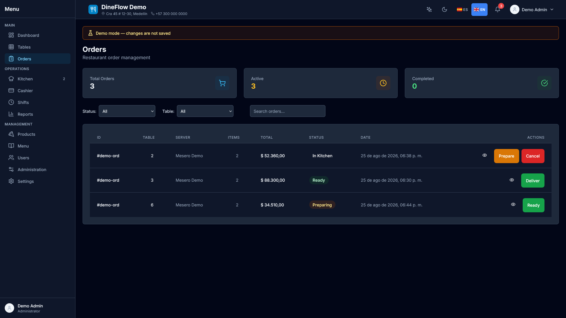 Orders list and statuses