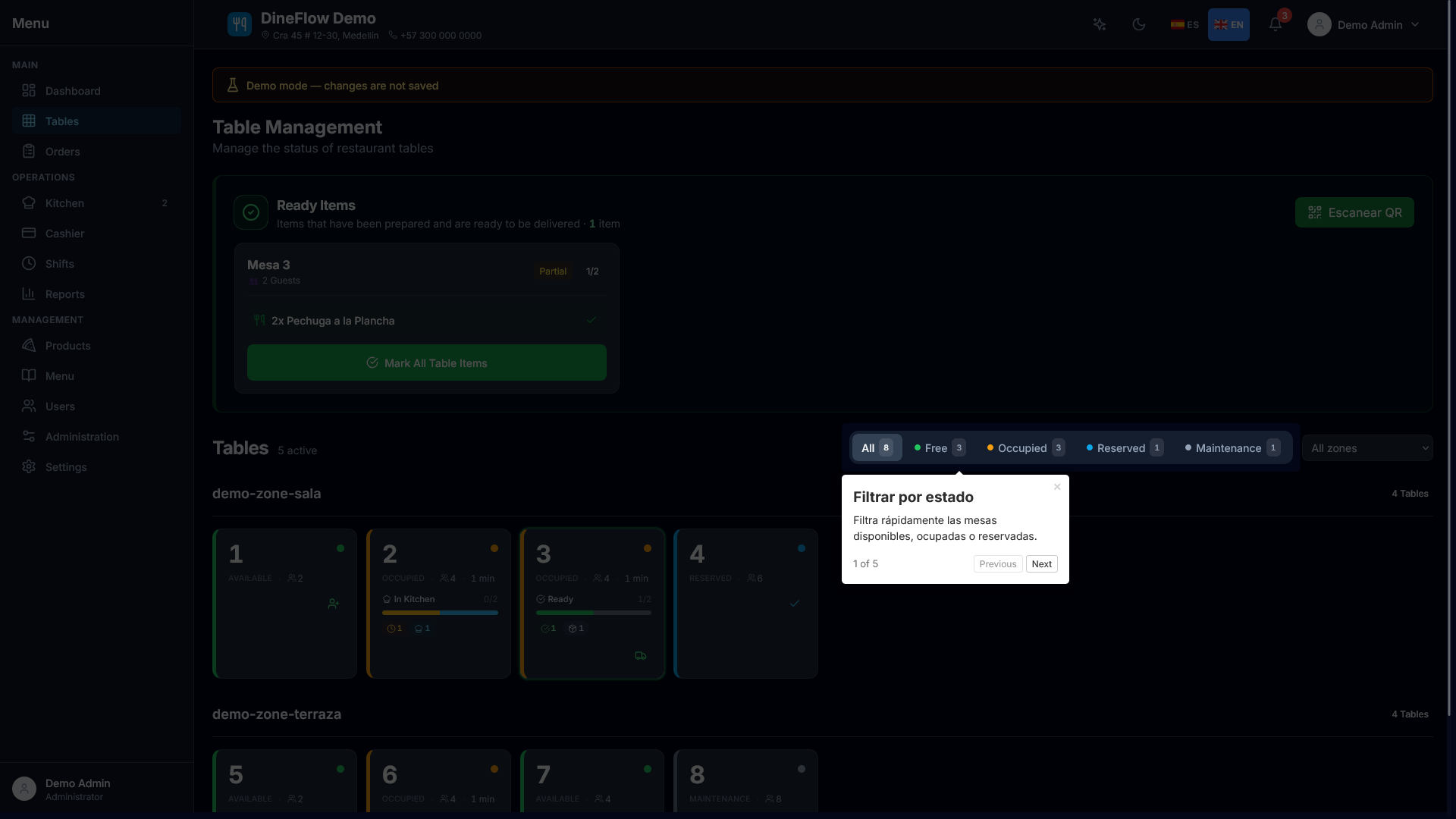 DineFlow table management — floor grid by zone
